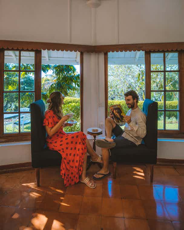 Couple enjoying tea at Mountbatten Bungalow